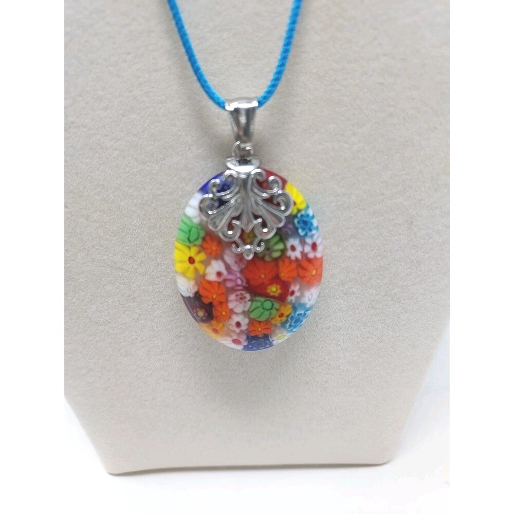 Glass Millefiori Pendant 2" drop Silver Tone Accents Colorful Italy Boho Artisan